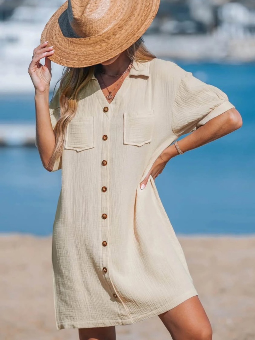 New CUPSHE Beige Notched Collar Textured Mini Dress-S
